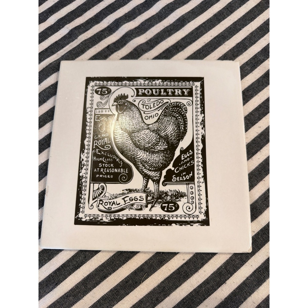Vintage Style Rooster Poultry Royal Eggs Ceramic Decorative Tile 6x6 White Black